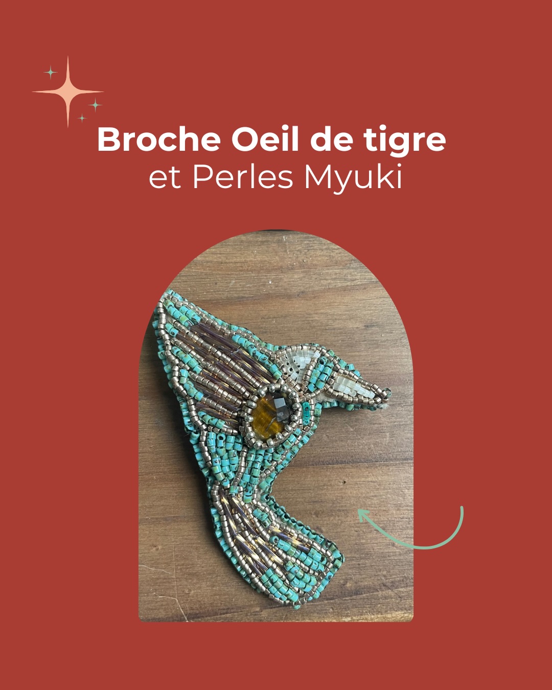 Broche Oeil de Tigre et perles de Myuki- Oiseau